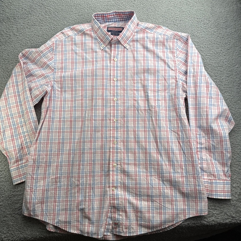 Vineyard Vines Murray Shirt Mens XL White Blue Plaid Long Sleeve Button Down